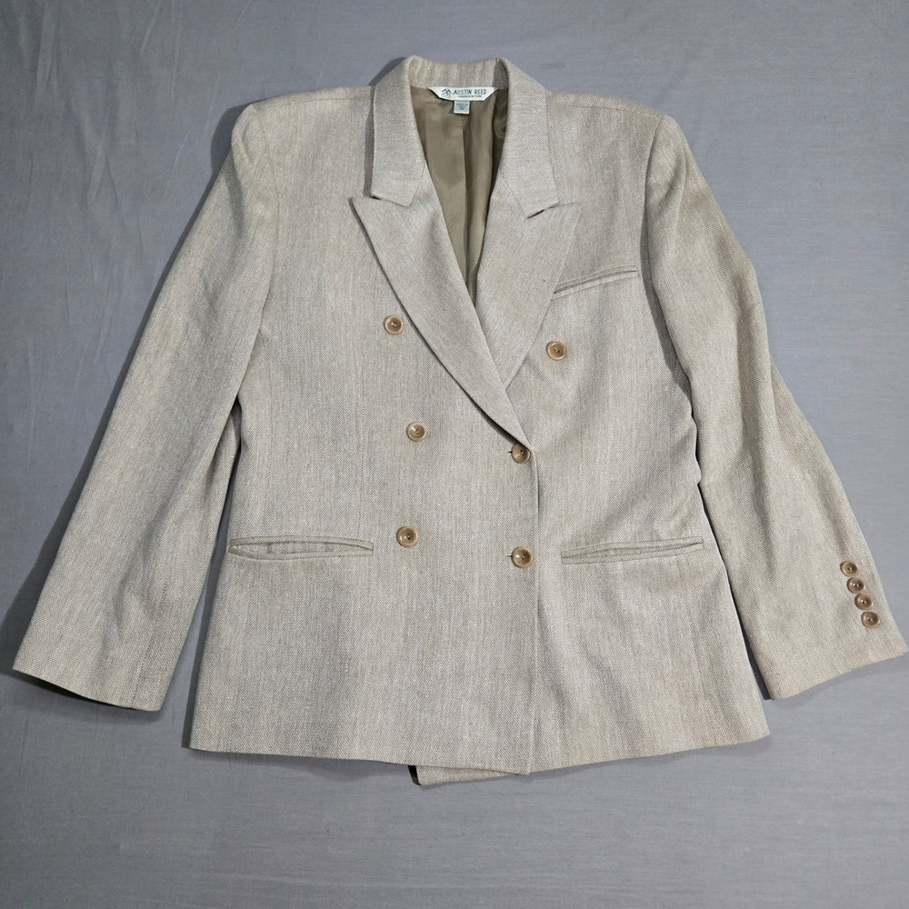 VTG Austin Reed Blazer Size 10 Beige 100% Silk Double Breasted Old Money Preppy
